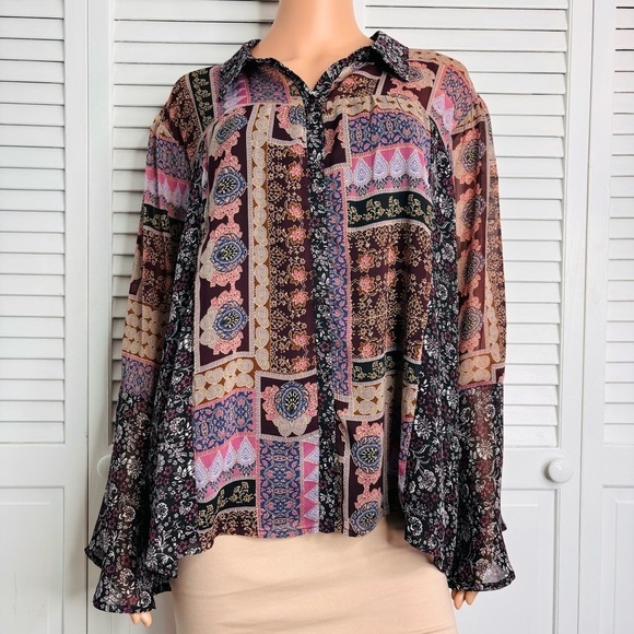 2/$50 MAURICES Pink Patchwork Button Front Bell Sleeve Blouse Size XXL - Picture 2 of 9